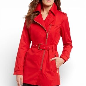 Michael Kors Red Zip Trench Coat | Size XS Gold Hardware Jacket